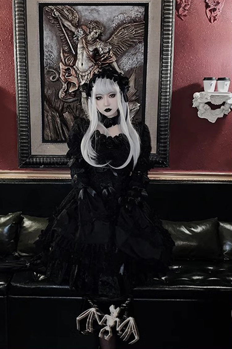 Pure Black Puff Short Sleeves Princess Gothic Lolita Tiered Dress - Product - 6