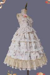 Miss Rabbit Dance Print Multi-layer Ruffle Sweet Elegant Lolita Jsk Dress 4 Colors - Apricot - 17
