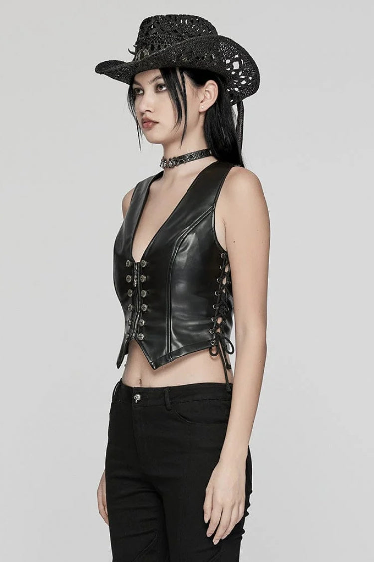 Black Faux Leather V Collar Sleeveless Lace-Up Zipper Women's Punk Vest - Product - 2
