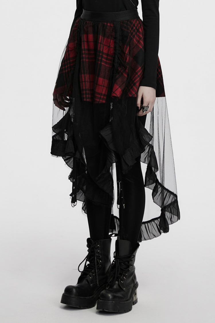 Black/Red Ruffle Stitching Mesh Plaid High/low Women's Gothic Skirt - Product - 2