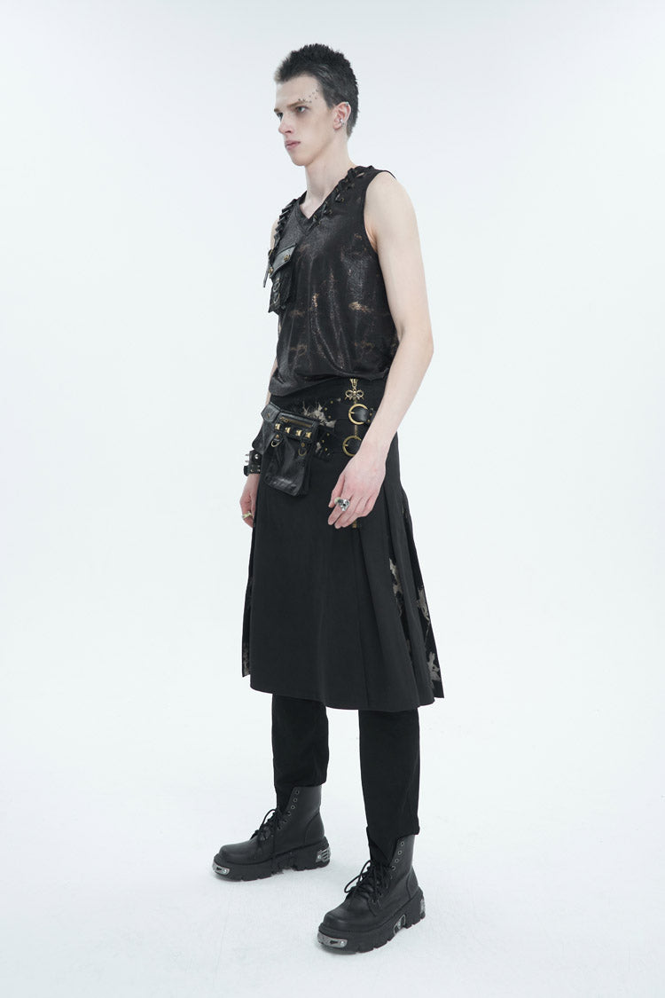 Black Tie-Dye Patchwork With Waist Bag Men's Gothic Skirt - Product - 6