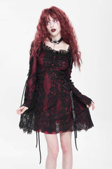 Red Square Collar Long Sleeves Floral Embroidery Lace Lace-Up Women's Gothic Dress - Product - 8
