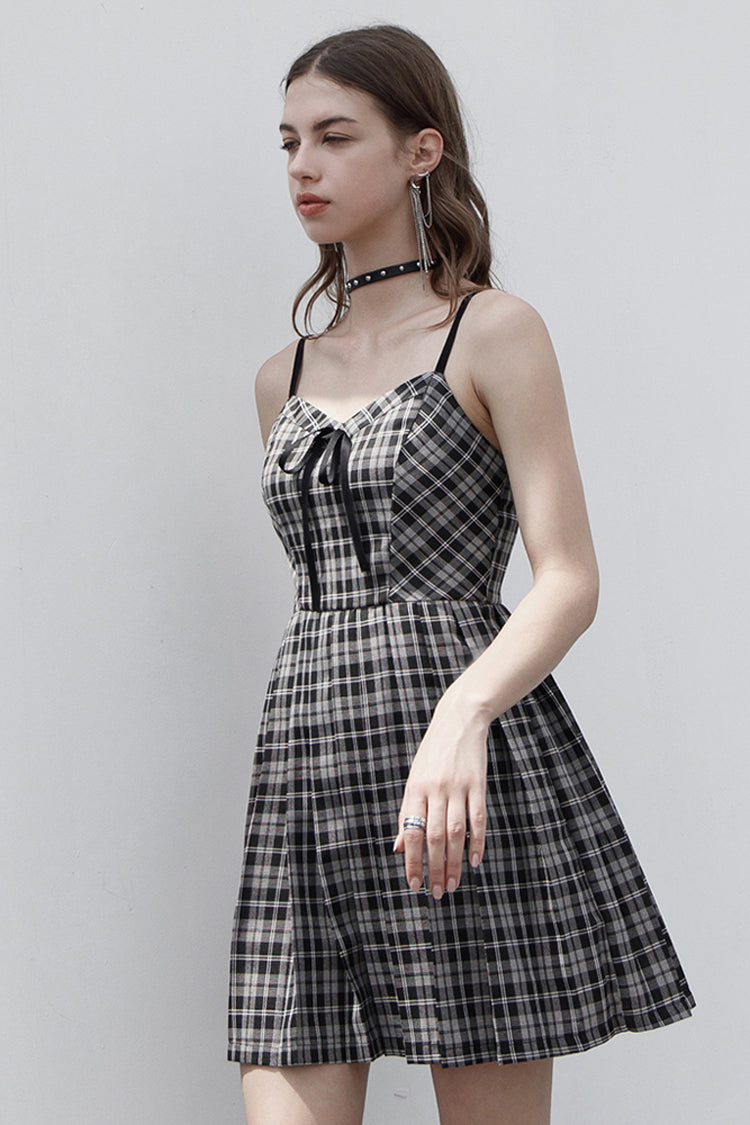 White/Black Plaid Front Chest Bow Decoration Women's Punk Slip Dress - Product - 2