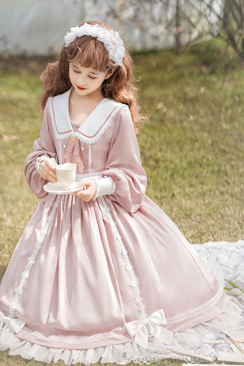 Pink Doll Collar Bowknot Long Sleeves High Waisted Ruffled Sweet Lolita OP Dress - Product - 3