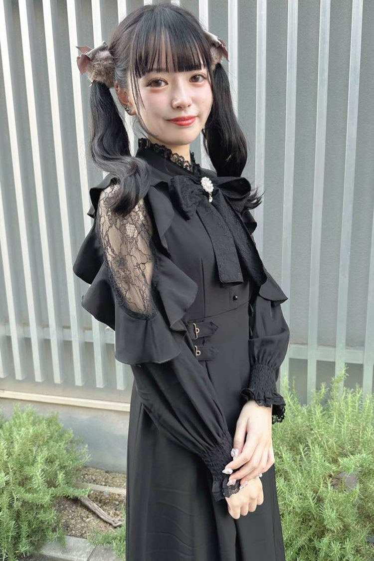 Black Stand Collar Off Shoulder Long Sleeves Hollow Bowknot Slim Jirai Kei Japanese Dress - Product - 11