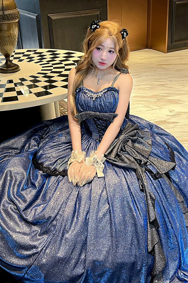 Blue [Galaxy of Fallen Tears] Sleeveless Glitter Series Ruffled Bow Asymmetric Sweet Lolita Jsk Dress - Product - 10