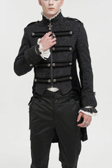 Black Silk Stand Collar Printed Metal Breasted Cross Zipper Back Slit Vintage Men's Gothic Jacket - Black - 1