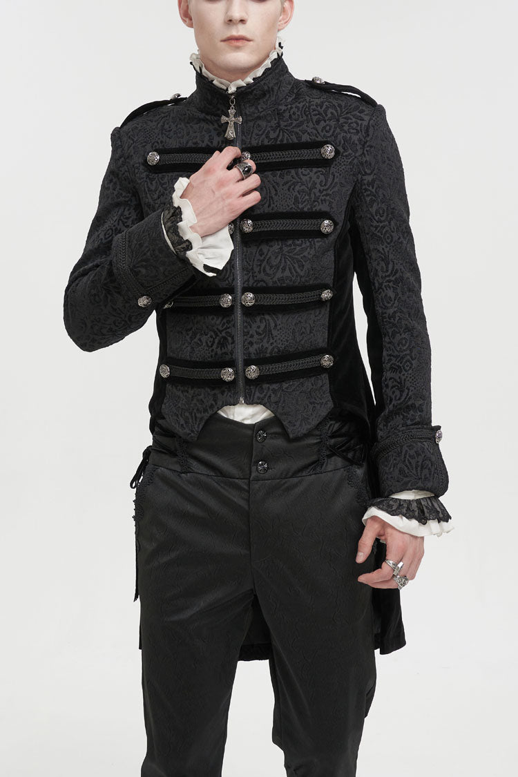 Black Silk Stand Collar Printed Metal Breasted Cross Zipper Back Slit Vintage Men's Gothic Jacket - Black - 1