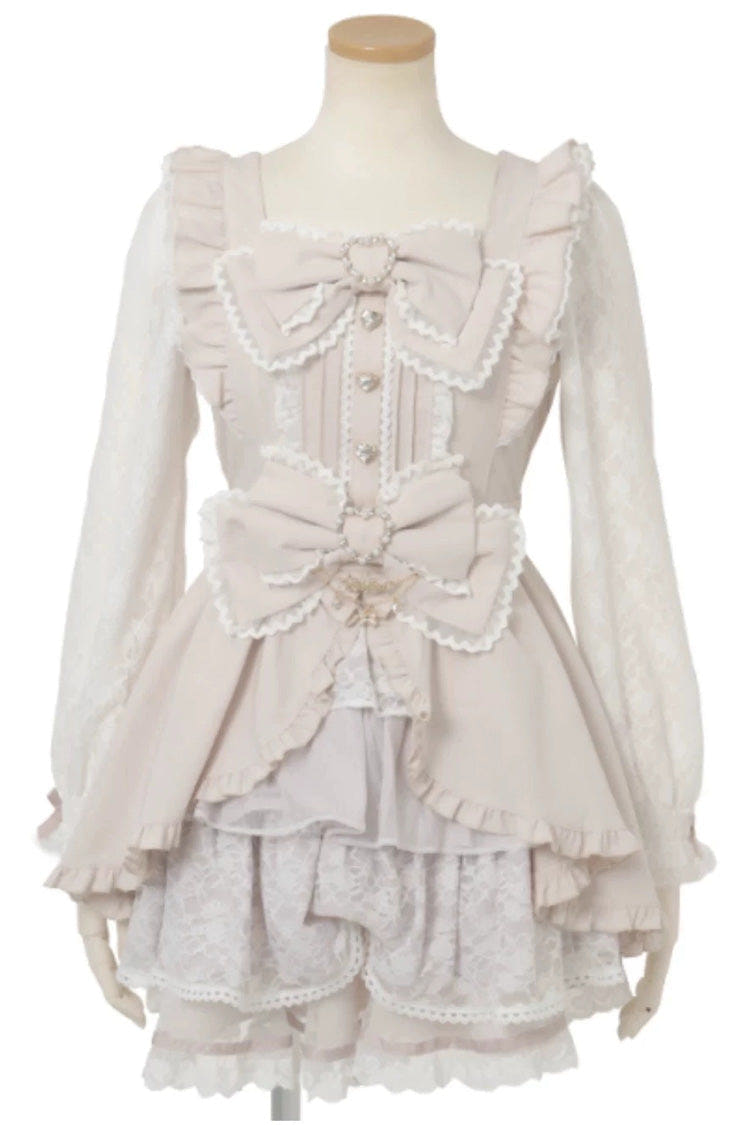 Gothic Square Collar Long Sleeves Ruffled Bow Jirai Kei Plus Size Japanese Lolita Dress Set 3 Colors - Light-Pink - 1