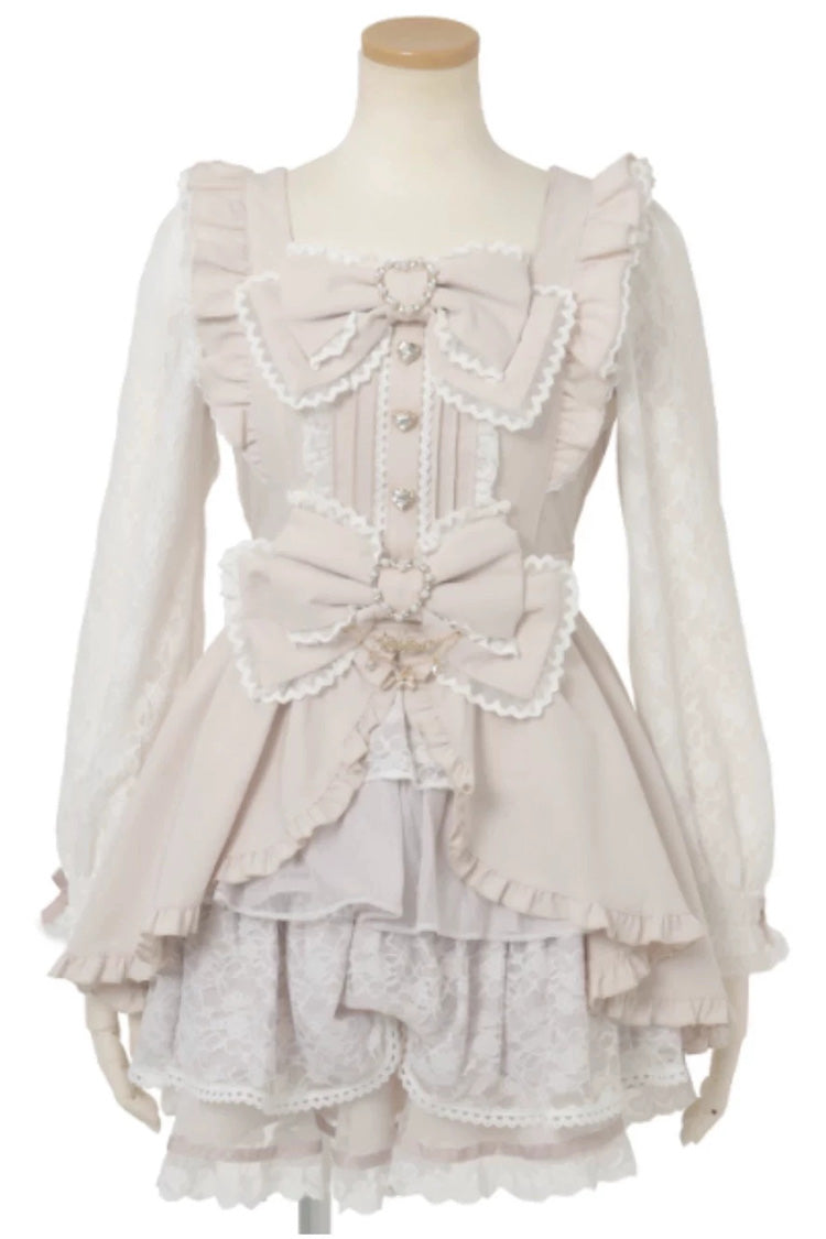 Gothic Square Collar Long Sleeves Ruffled Bow Jirai Kei Plus Size Japanese Lolita Dress Set 3 Colors - Light-Pink - 1