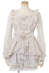 Gothic Square Collar Long Sleeves Ruffled Bow Jirai Kei Plus Size Japanese Lolita Dress Set 3 Colors - Light-Pink - 1