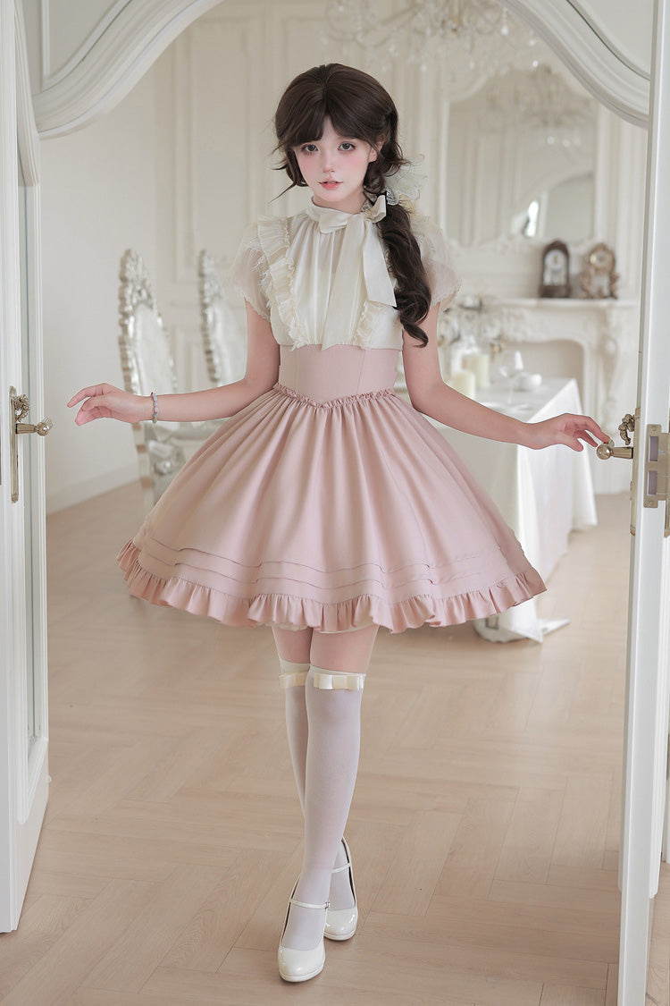 White/Pink Round Collar Short Sleeves Ruffled Bow Lace Color-Blocked Boned Sweet Lolita Dress 2 Versions - Product - 13