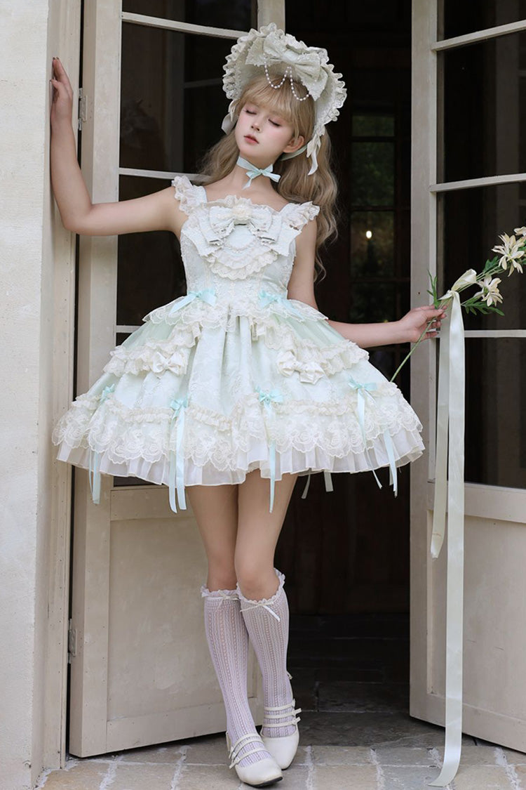 Green [Blossoming Heart Love ] Sleeveless Dark Jacquard Print Bowknot Lace Sweet Lolita Jsk Dress - Product - 2