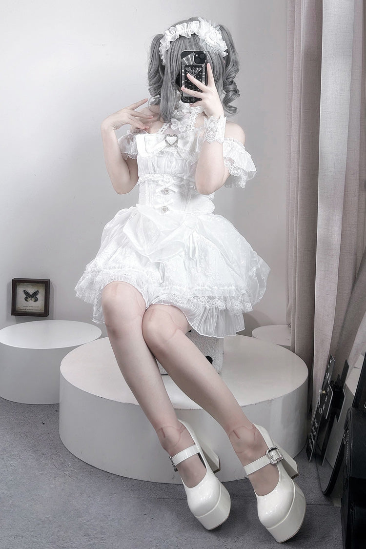 White [Rose Dream] Halterneck Short Sleeves Print Ruffle Bowknot Lace Gothic Jirai Kei Dress - Product - 2