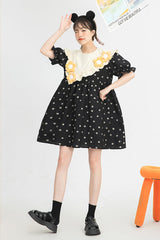 Black Ruffled Splicing Round Collar Bubble Short Sleeves Floral Print High Waisted Sweet Lolita Dress - Product - 5