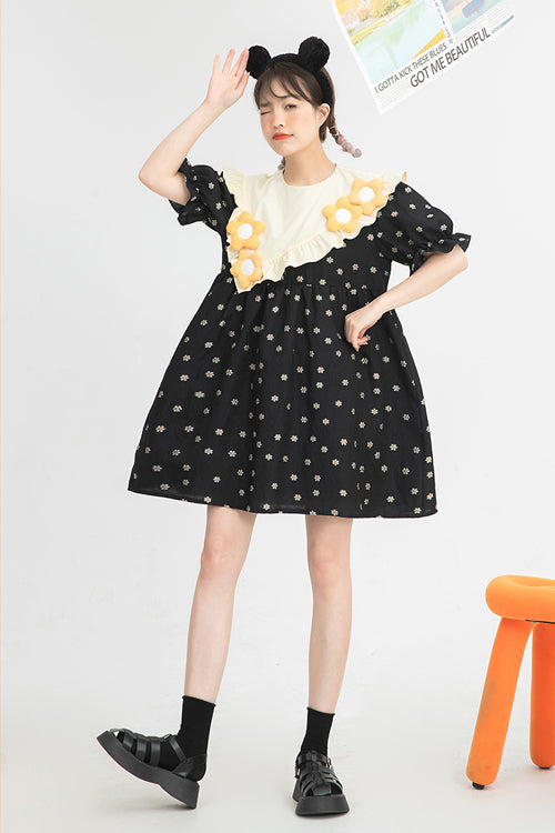 Black Ruffled Splicing Round Collar Bubble Short Sleeves Floral Print High Waisted Sweet Lolita Dress - Product - 5