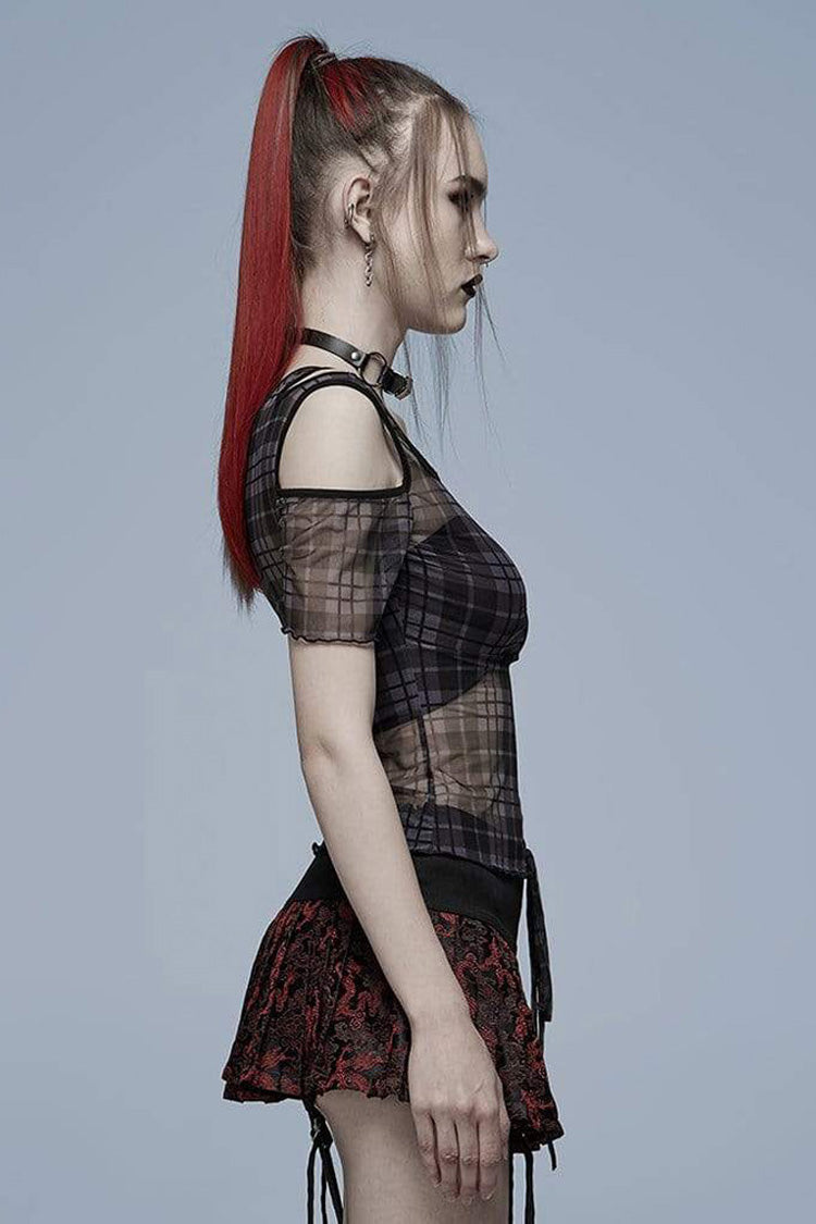 Asymmetrical Cutout Neckline Strap Design Plaid Mesh Women's Punk T-Shirt - Product - 4