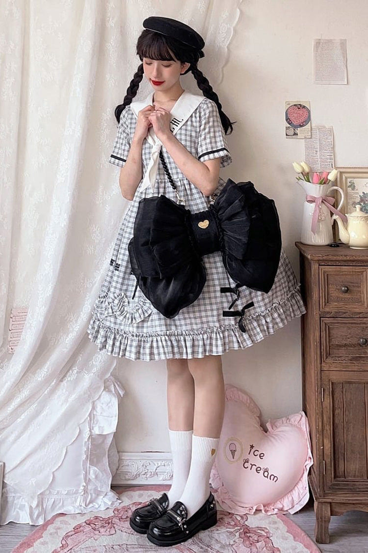 Black Big Bowknot Metal Heart Nameplate Lolita Backpack - Product - 6
