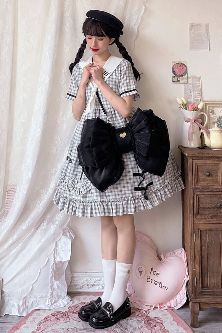 Black Big Bowknot Metal Heart Nameplate Lolita Backpack - Product - 6