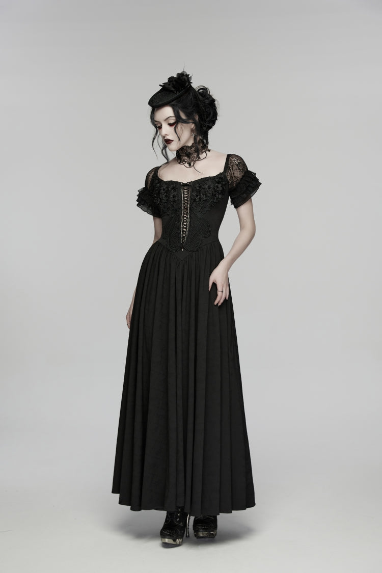 Black Off Shoulder Short Puff Sleeves Ruffled Hanayome Embroidered Lace Women's Gothic Elegant Gorgeous Dress - Product - 6