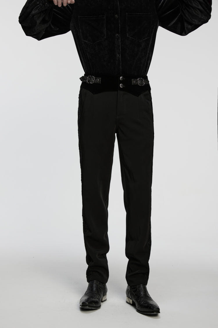 Black Embroidered Lace Buckled Men's Gothic Pants - Product - 6
