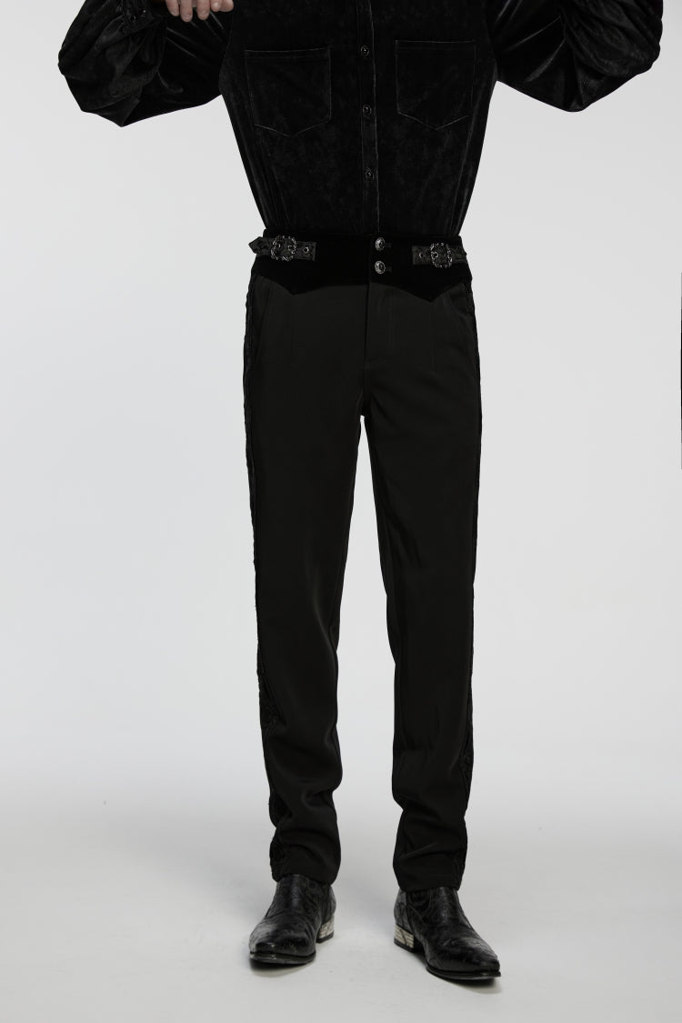 Black Embroidered Lace Buckled Men's Gothic Pants - Product - 6