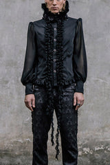 Black High Collar Lace Up Dovetail Hem Mens Gothic Blouse - Black - 1