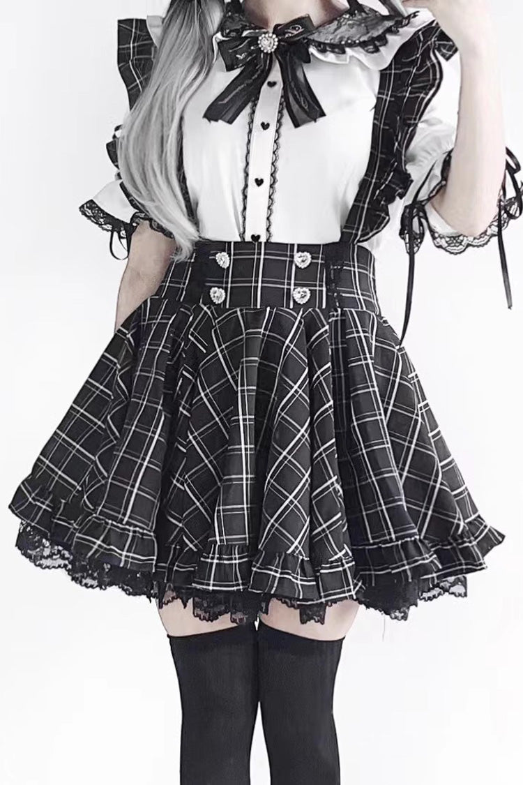 Black Plaid Print Ruffle Lace Jirai Kei Japanese Strap Dress - Product - 6