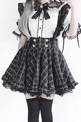 Black Plaid Print Ruffle Lace Jirai Kei Japanese Strap Dress - Product - 6