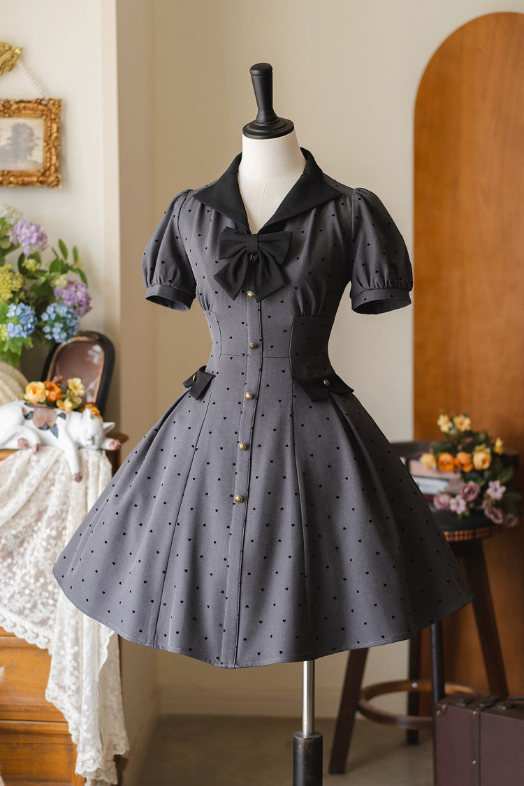 Grey [Forest Boulotty] Lapel Collar Short Sleeves Heart-Shaped Polka Dot Printed Bow Sweet Lolita Dress - Grey - 1
