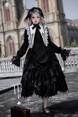 Black [Songs of Dawn and Dusk] Long Lantern Sleeves Multi-Layered Ruffled Bow Adjustable Drawstring Hem Nun Gothic Lolita Dress Set - Product - 2