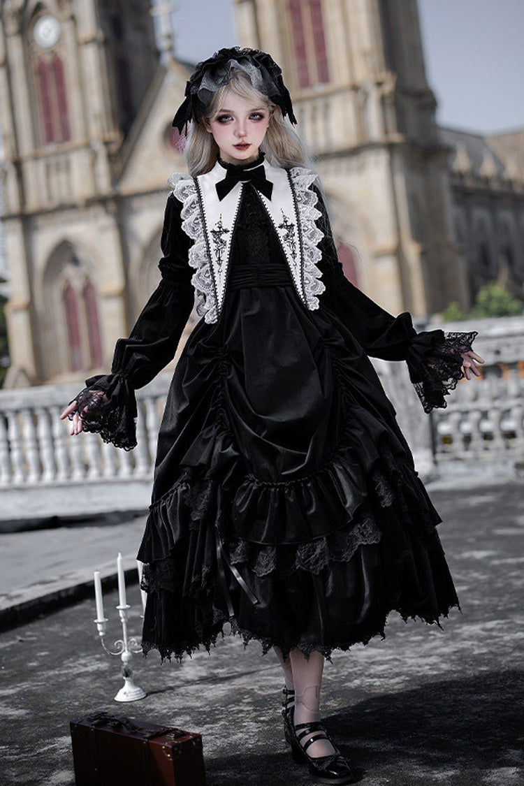 Black [Songs of Dawn and Dusk] Long Lantern Sleeves Multi-Layered Ruffled Bow Adjustable Drawstring Hem Nun Gothic Lolita Dress Set - Product - 2