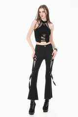 Black Women's Punk Buckled Straps Cut-Out Sheer Mesh Patchwork Flare Pants - Product - 9