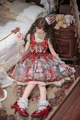 Red [Mystery Bunny] Sleeveless Jacquard Printed Ruffled Bow Lace Classic Lolita Jsk Dress Set - Product - 6