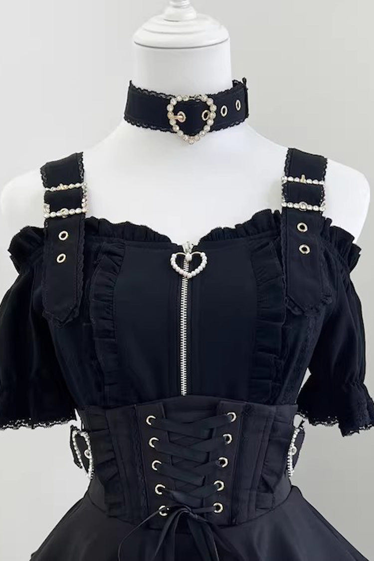 Jirai Kei [Heartbeat Buffy] Stand Collar Sleeveless Triple-Layered Ruffled Lace-Up Zippered Sweet Japanese Skirt and Blouse - Black(Short-Sleeve-Blouse-Only) - 17