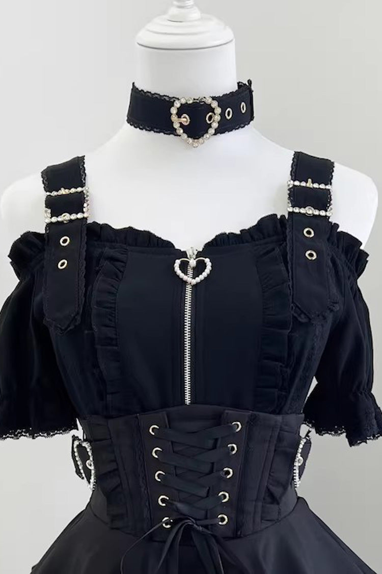 Jirai Kei [Heartbeat Buffy] Stand Collar Sleeveless Triple-Layered Ruffled Lace-Up Zippered Sweet Japanese Skirt and Blouse - Black(Short-Sleeve-Blouse-Only) - 17