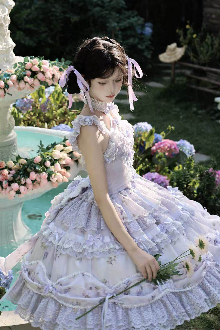 Purple Halterneck Sleeveless Printed Embroidered Bow Sweet Lolita Jsk Dress - Product - 3