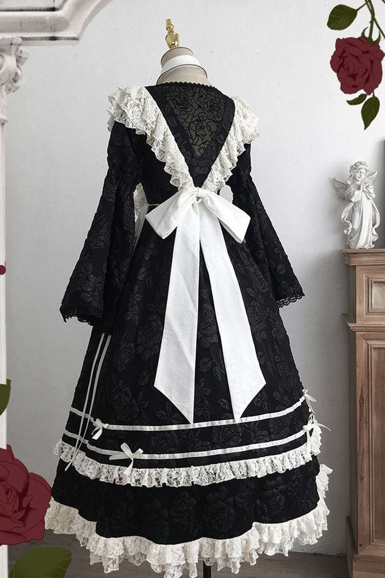 Black [Rose Choir] Double-Layered Ruffle Embroidery Bowknot Lace Gothic Elegant Nun Lolita Dress - Product - 15