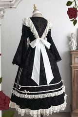 Black [Rose Choir] Double-Layered Ruffle Embroidery Bowknot Lace Gothic Elegant Nun Lolita Dress - Product - 15