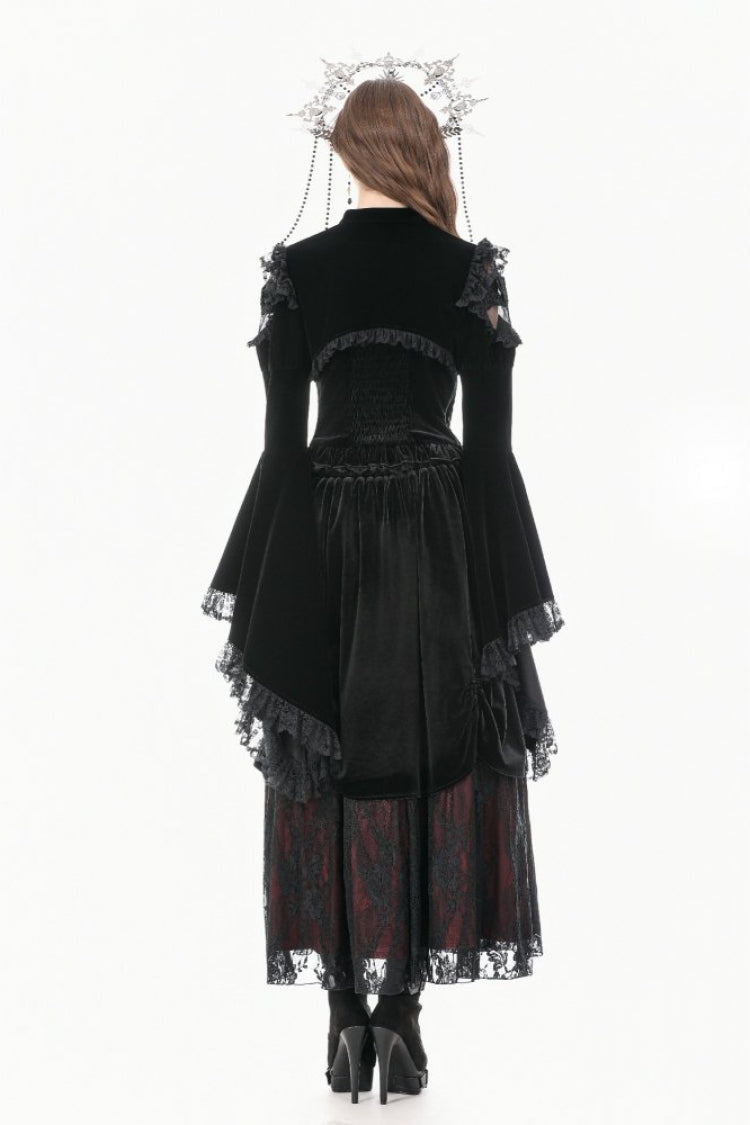 Black Ruffled Lace Long Trumpet Sleeves Floral Sheer Mesh Spliced Velvet Women's Gothic Cape - Product - 12