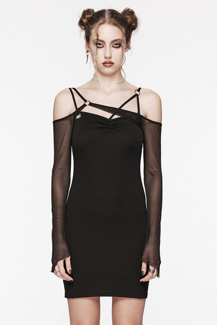 Black Off Shoulder Stitching Mesh Women's Gothic Dress - Black - 1