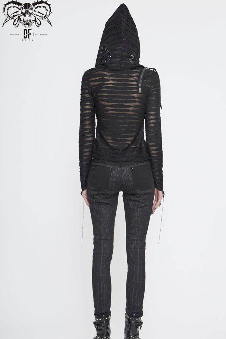 Black Hooded Three-Dimensional Twisted Knitted Inclined Zipper Irregular Hem Women's Punk Shirt - Product - 8