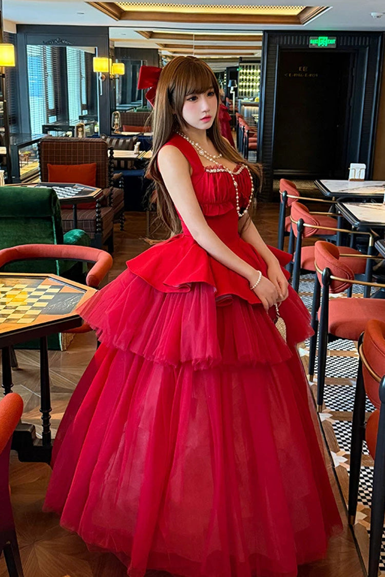 Red [Romantic Rose] Square Collar Sleeveless Ruffled Classic Ballet Lolita Dress - Product - 10