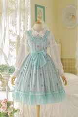 Flower Wall Print Ruffle Bowknot Sweet Lolita Dress 2 Colors - Green - 1