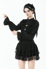 Black Long Bishop Sleeves Double-Layered Lace Hem Lace-Up Women's Gothic Dress - Product - 6