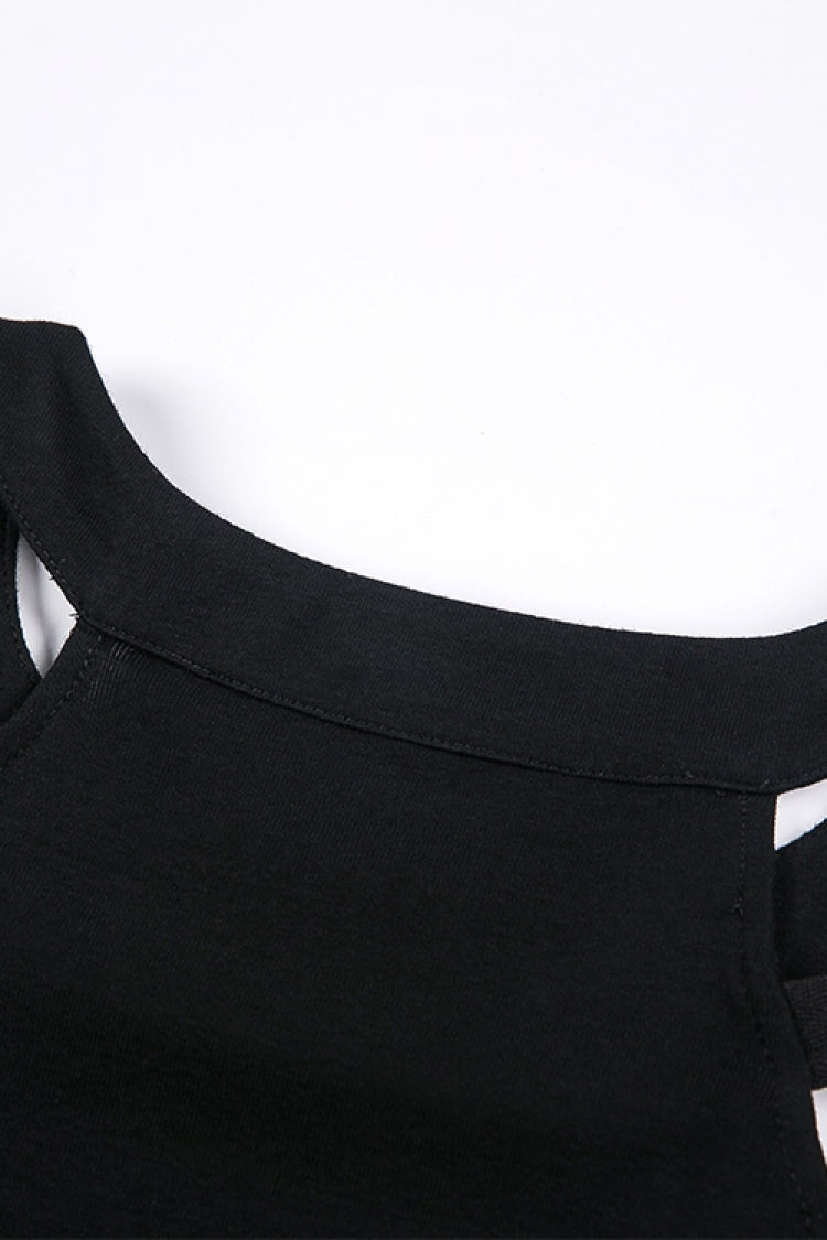 Black Off Shoulder Straps Short Sleeves Cut-Out Women's T-Shirt - Product - 17