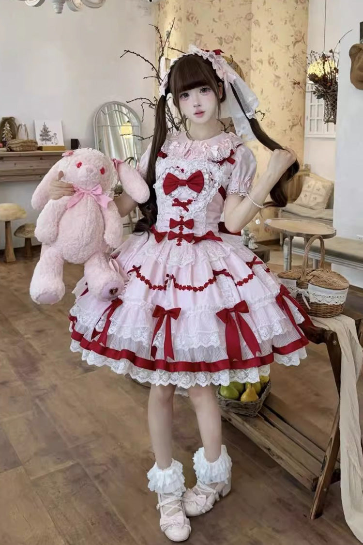 Red/Pink Scarlet Heart Cocoa Sleeveless Triple-Layered Ruffle Embroidery Bowknot Lace Sweet (Dress Only) detail view 4