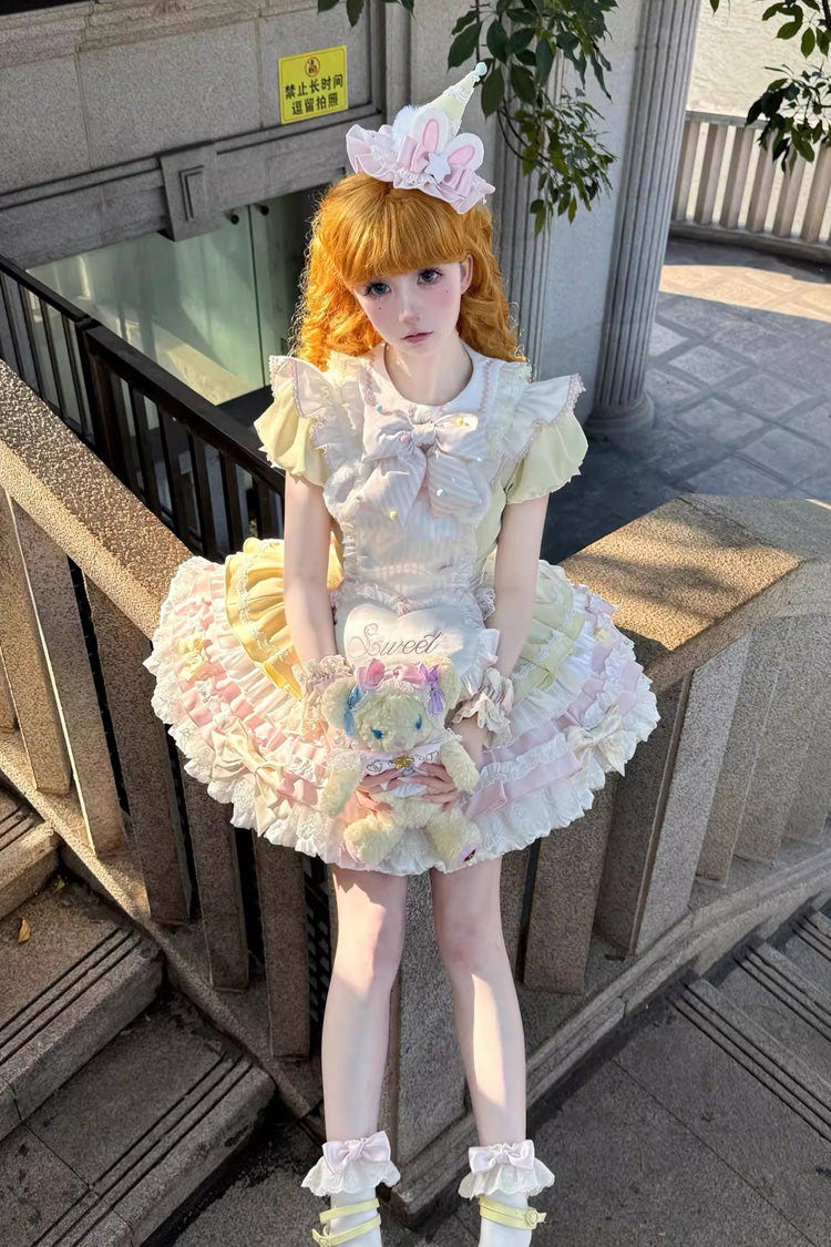 Yellow/Pink [Sweet Bunny Chef] Short Sleeves Multi-Layered Ruffle Bowknot Sweet Lolita Dress - Product - 7