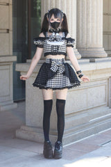 [Night Rabbit Dream] Short Sleeves Plaid Printed Ruffled Open-Front Bow Lace-Up Sweet Jirai Kei Japanese Skirt Set - Product - 14