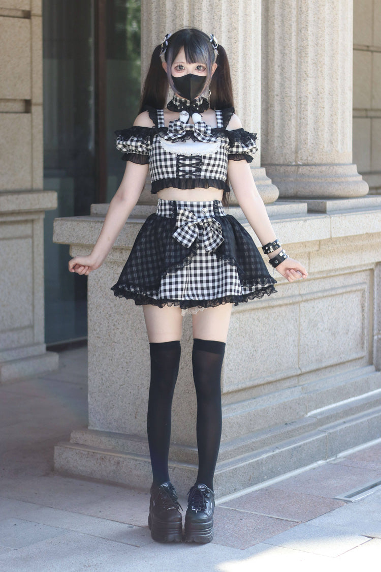 [Night Rabbit Dream] Short Sleeves Plaid Printed Ruffled Open-Front Bow Lace-Up Sweet Jirai Kei Japanese Skirt Set - Product - 14